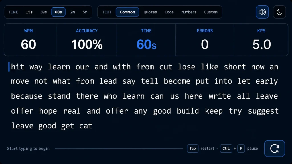 Dark blue and black typing test interface showing a selected 60-second timer, Common text mode, 60 WPM, 100% accuracy, 0 errors, 5.0 KPS, typing text, and restart and pause controls of free WPM typing speed test